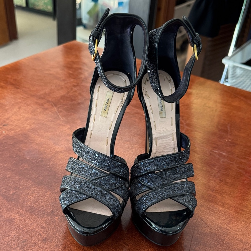 Miu Miu Navy Blue Glitter Platform Ankle-Strap Sandals - Picture 4 of 13